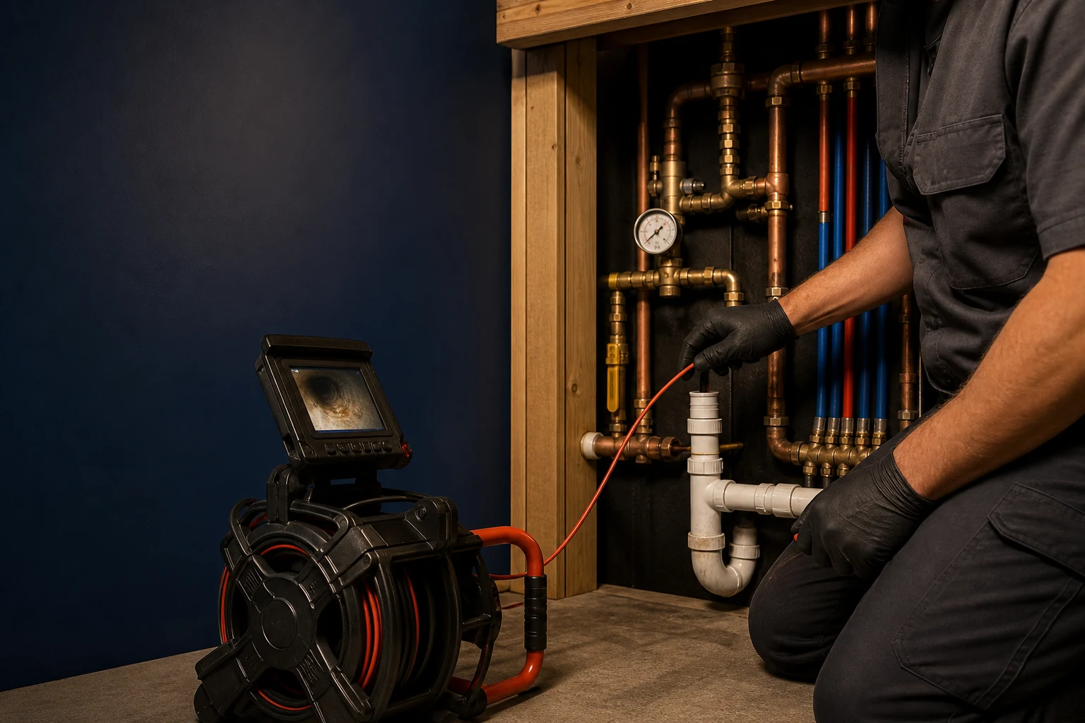 Concept image of drain camera inspection and plumbing diagnostics